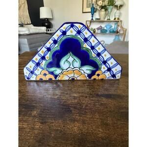 Hand-Painted Talavera Style Napkin Holder – Cobalt Blue Lead Free
